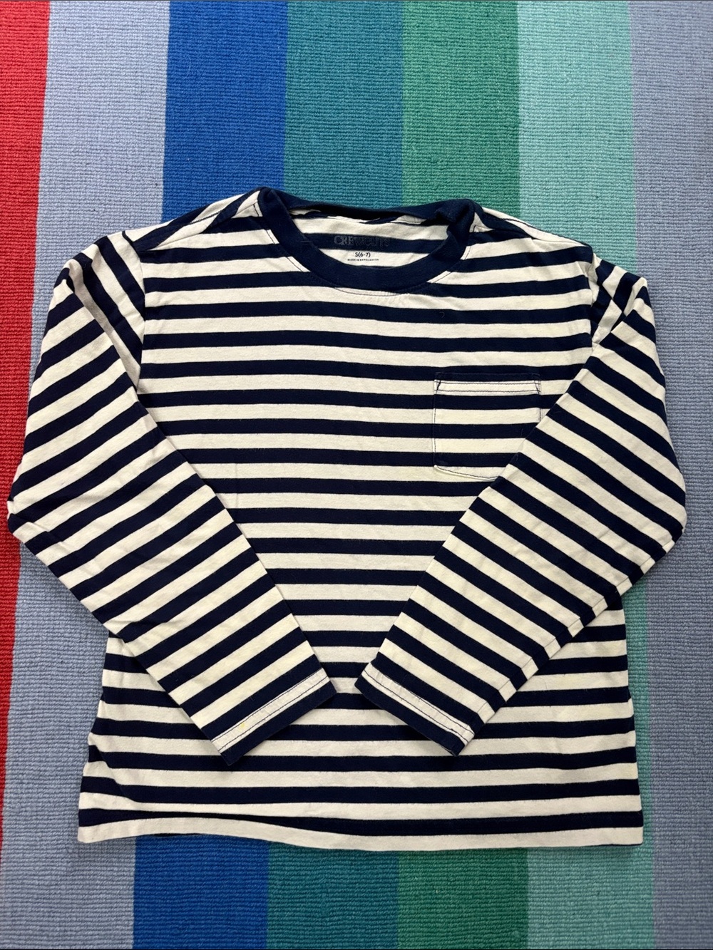 Crewcuts Navy and White Striped Long-Sleeve Pocket Tee